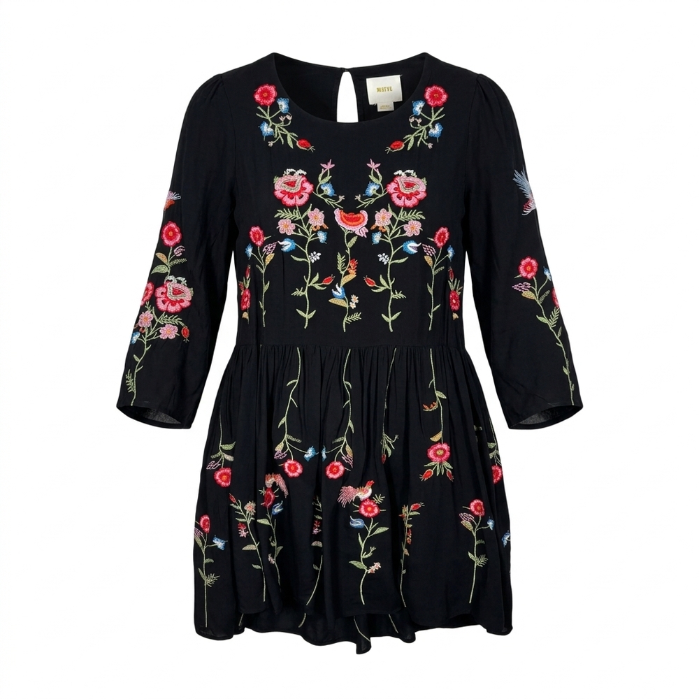 Maeve black embroidered dress with long sleeves, keyhole back, tiered skirt, and